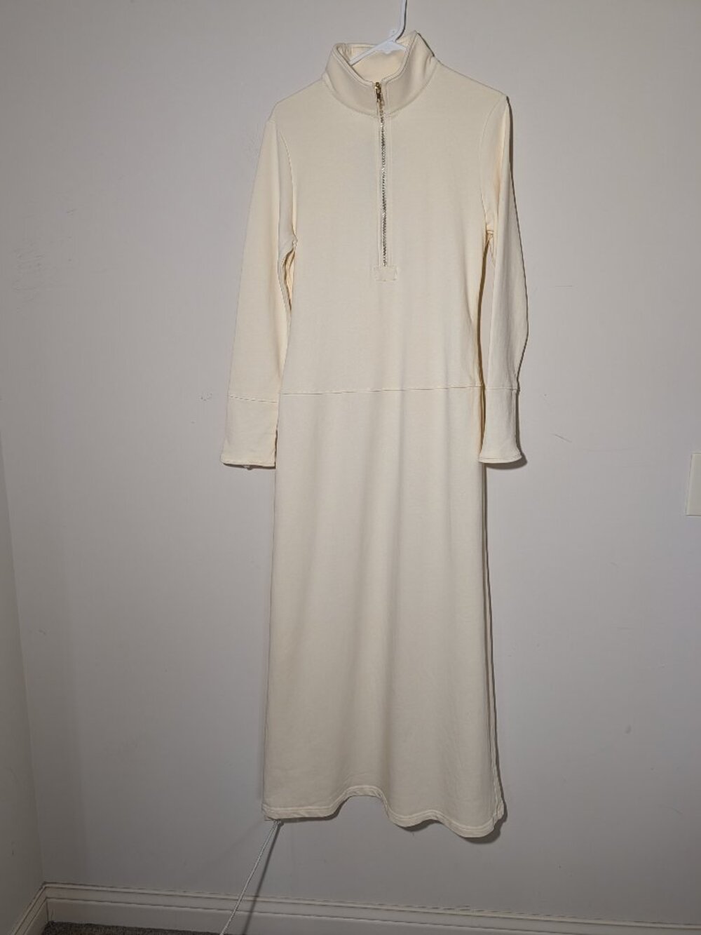 Oyrosy Elegant Retro Sporty V-neck Front Zipper Long-sleeved Cream Maxi Dress L